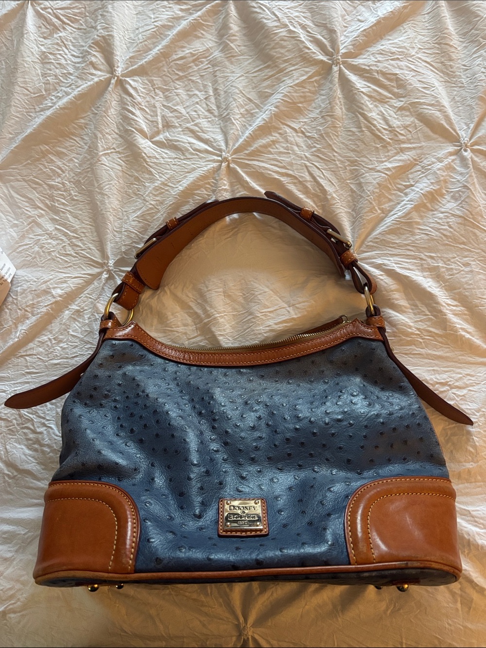 Dooney & Bourke Blue Ostrich-Embossed Shoulder Bag with Brown Trim